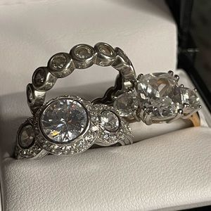 Three Sparkly CZ SS Rings Sz 8, 7, 5